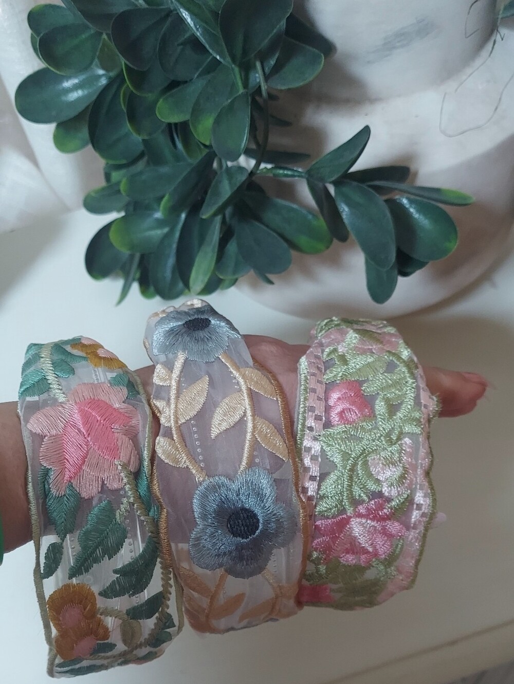 Embroidered Floral Organza headband Set - Of 3 Pink, Green & Blue Accents